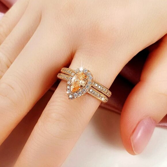 NEW 18k Gold Champagne Diamond Ring Pear Cut Teardrop Ring Set of 2 Rings - Picture 7 of 7